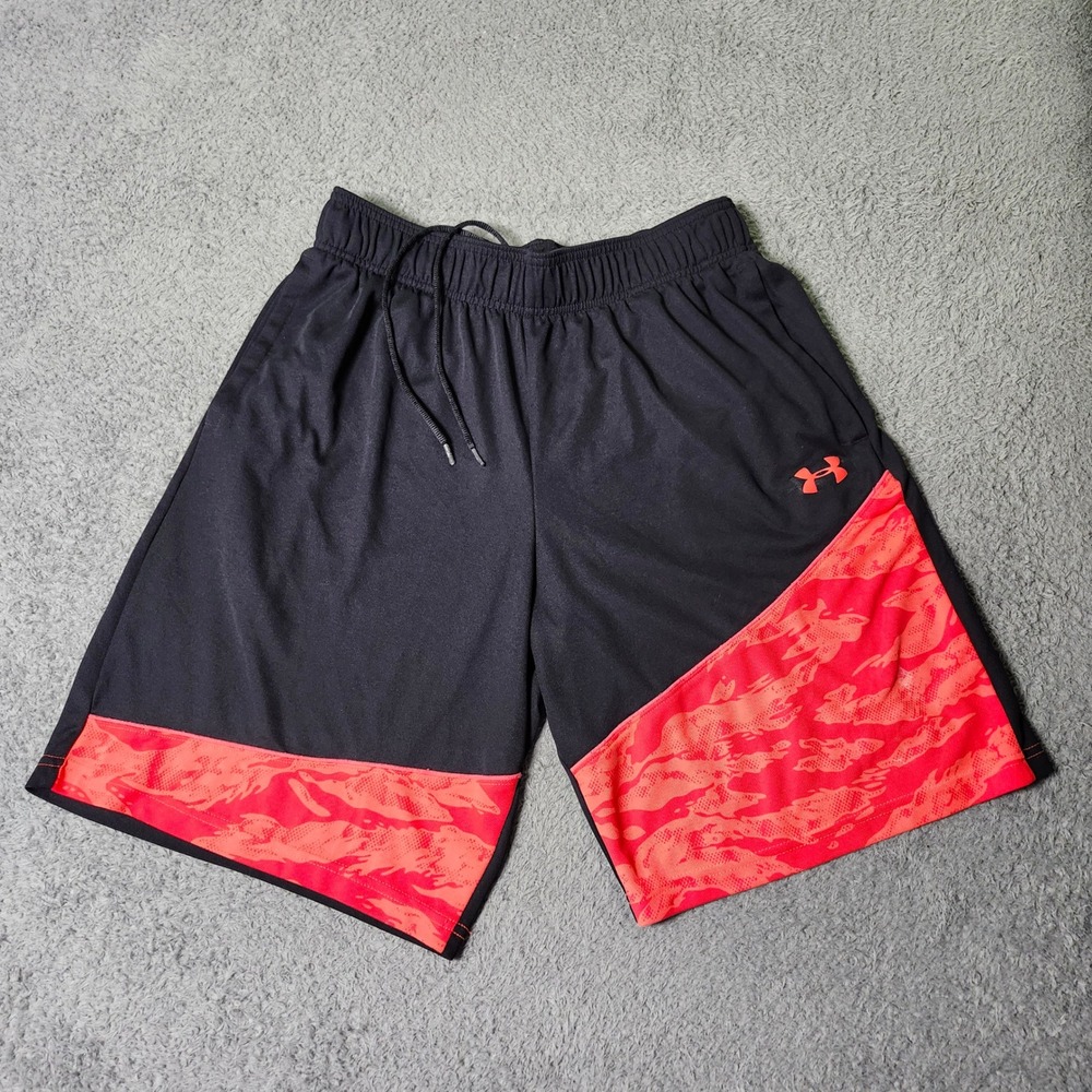 Under Armour Mens Large Athletic Shorts Black Red Camo HeatGear Loose Pockets